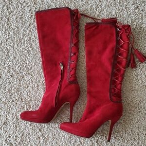 Joan & David Red Heeled Boots with Lace-Up Detail